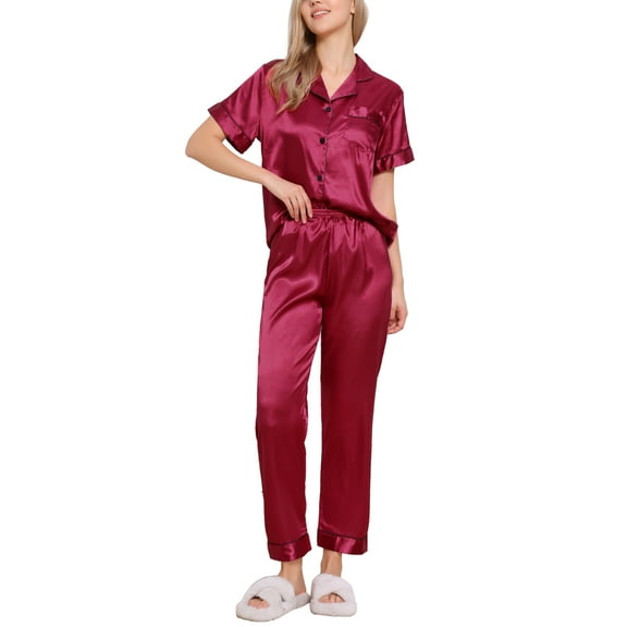 INSPIRE CHIC Women's Sleepwear Button Down Shirt with Pants Nightwear Lounge 2 Pcs Pajama Set M Red
