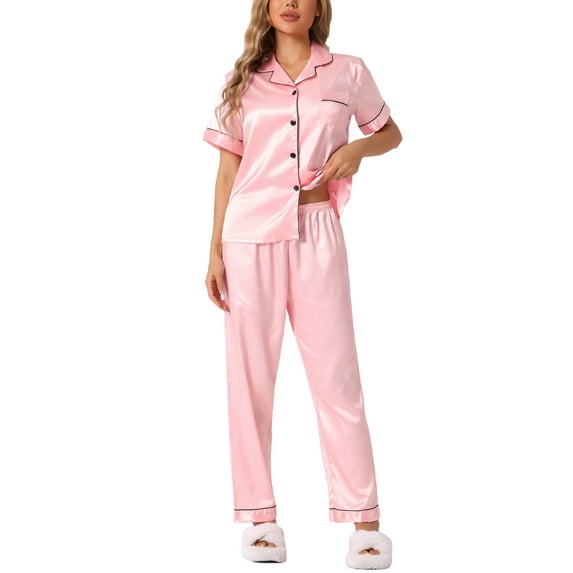 INSPIRE CHIC Women's Sleepwear Button Down Shirt with Pants Nightwear Lounge 2 Pcs Pajama Set XL Pink