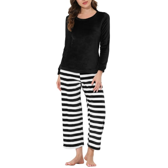 INSPIRE CHIC Women's Sleepwear Lounge Long Sleeve Nightwear Warm Flannel Pajama Set S Black