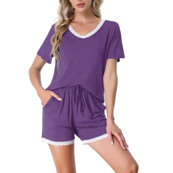 INSPIRE CHIC Women's Pajama Set Short Sleeve Tops and Shorts Lounge Nightwear with Pockets XS Red