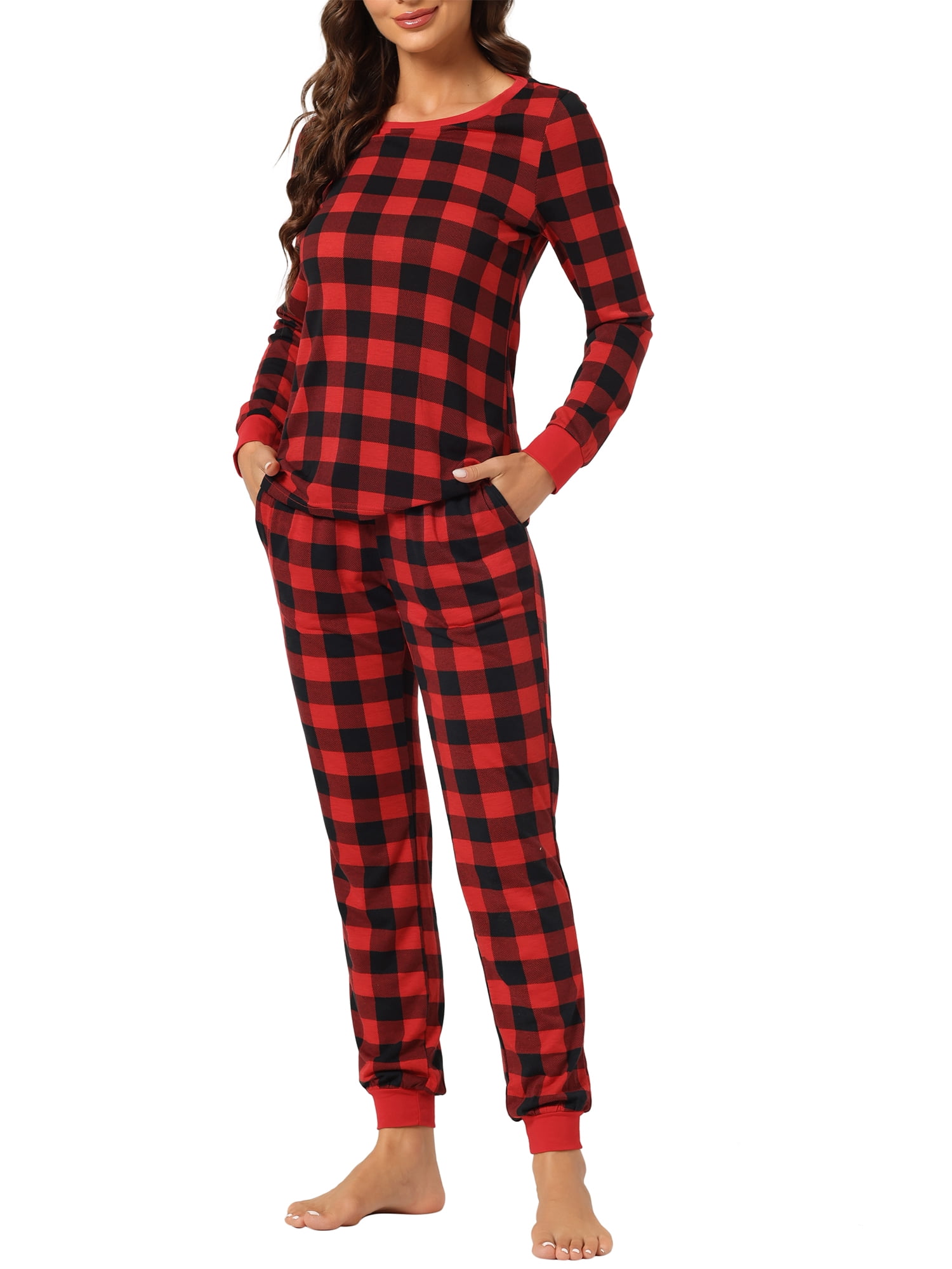 cheibear Women's Sleepwear Lounge Soft Round Neck Winter Plaid Pajamas ...
