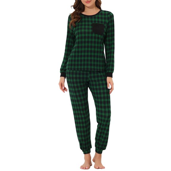 INSPIRE CHIC Women's Sleepwear Lounge Soft Round Neck Winter Plaid Pajamas Sets S Green