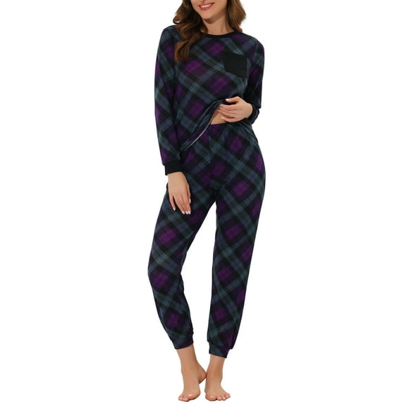 INSPIRE CHIC Women's Sleepwear Lounge Soft Round Neck Winter Plaid Pajamas Sets S Purple