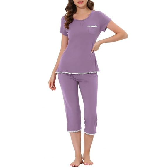 INSPIRE CHIC Women's Sleepwear Pajama Set Nightwear Round Neck Loungewear with Capri Pants L Purple