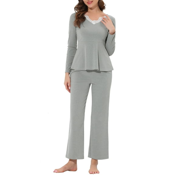 INSPIRE CHIC Women's Sleepwear Pajama Soft Knit with Lace Stretchy Nightwear Lounge Sets XS Gray