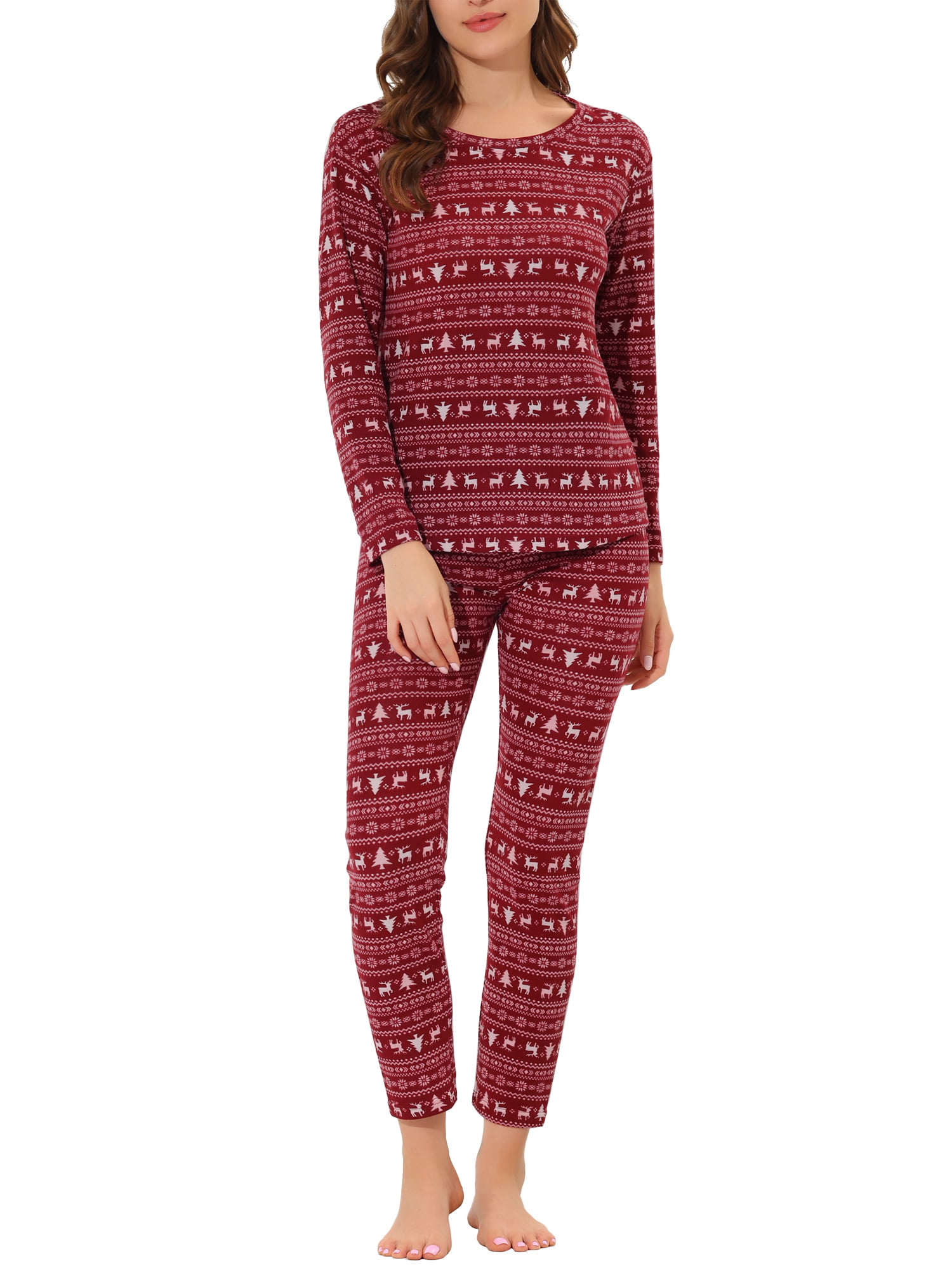 cheibear Women's Sleepwear Pajama Soft Round Neck Nightwear Elk Lounge Sets  