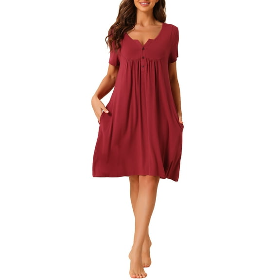 INSPIRE CHIC Women's Sleepwear Spring Summer Short Sleeves Lounge Nightgown with Pockets S Wine Red