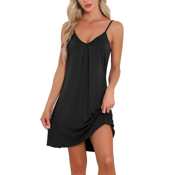 INSPIRE CHIC Women's Sleeveless Sleepwear Camisole Nightwear V Neck Nightshirt Pajama Dress Chemise Nightdress L Black