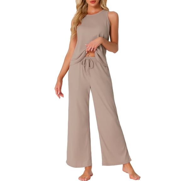 INSPIRE CHIC Women's Tank Top Pajama Set Waffle Knit Wige Leg Pants 2 Piece Lounge Set L Khaki
