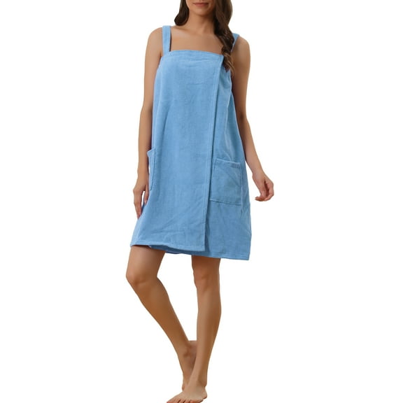 INSPIRE CHIC Women's Terry Wrap Bathrobe Spa Robe for Gym Pool Shower Bath Towel Robe Shower Dress L Blue