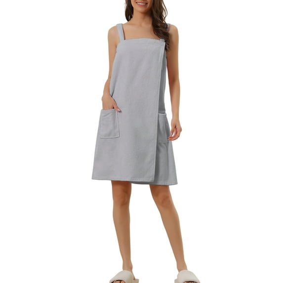 INSPIRE CHIC Women's Terry Wrap Bathrobe Spa Robe for Gym Pool Shower Bath Towel Robe Shower Dress L Grey