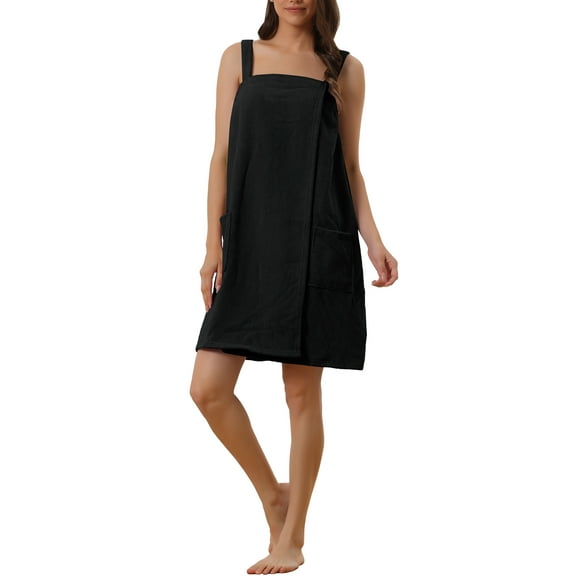 INSPIRE CHIC Women's Terry Wrap Bathrobe Spa Robe for Gym Pool Shower Bath Towel Robe Shower Dress M Black