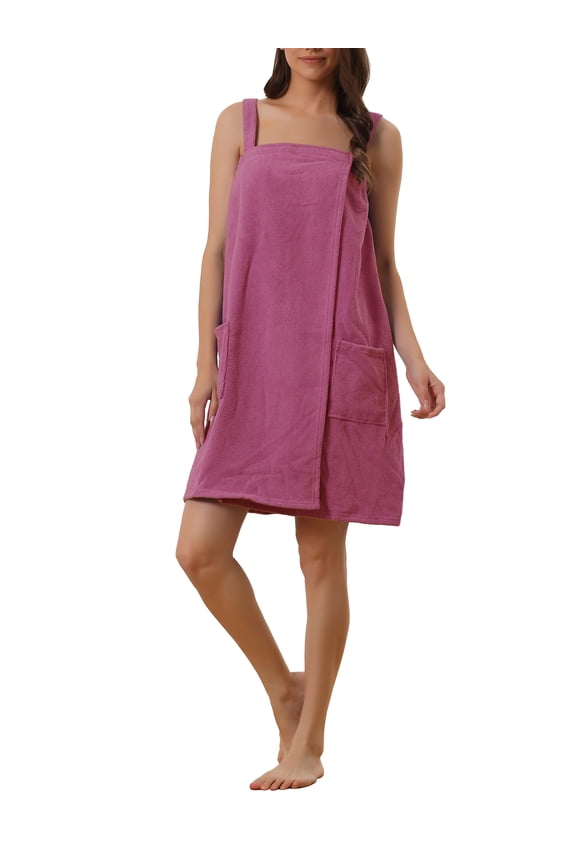 Women's Terry Cloth Wrap Robe Sleeveless Quick Dry Towel Dress with Pockets & Adjustable Closure M Purplish Red
