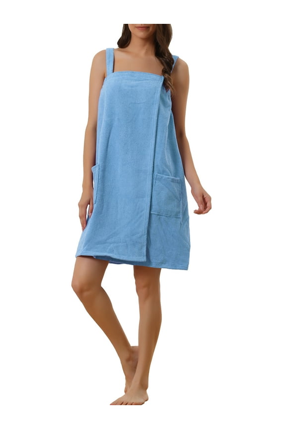 Women's Terry Cloth Wrap Robe Sleeveless Quick Dry Towel Dress with Pockets & Adjustable Closure S Blue