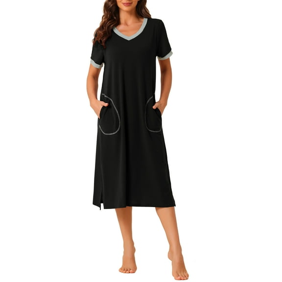 INSPIRE CHIC Women's V Neck Nightshirt Side Slit Nightgown Short Sleeve Long Sleepshirt with Pockets M Black