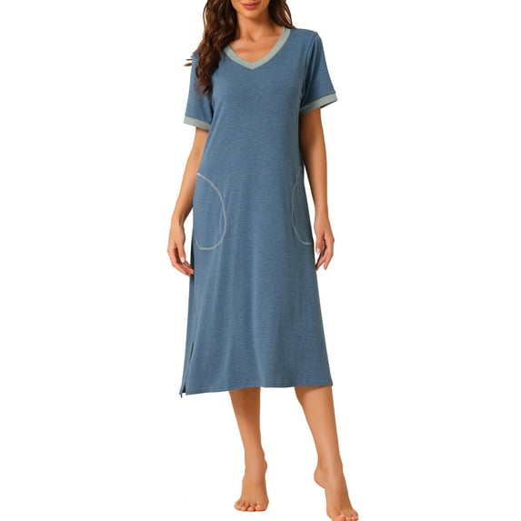 INSPIRE CHIC Women's V Neck Nightshirt Side Slit Nightgown Short Sleeve Long Sleepshirt with Pockets S Blue