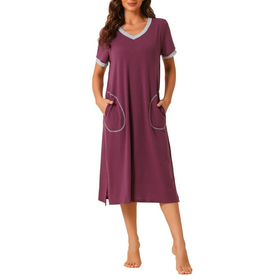 INSPIRE CHIC Women's V Neck Nightshirt Side Slit Nightgown Short Sleeve Long Sleepshirt with Pockets S Purple