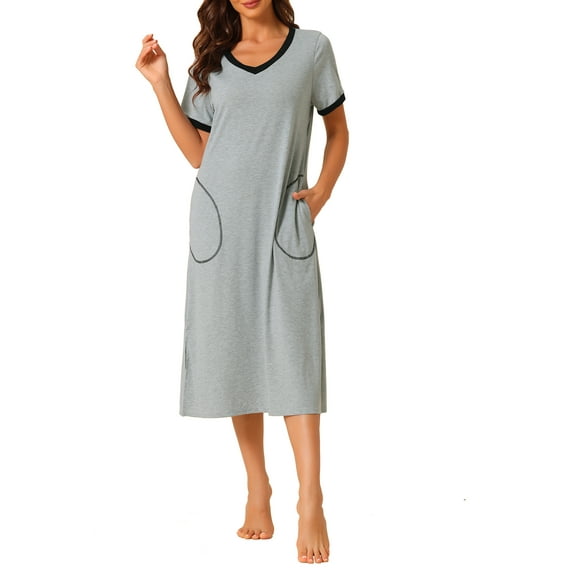 INSPIRE CHIC Women's Mother's Day V Neck Nightshirt Side Slit Nightgown Short Sleeve Long Sleepshirt with Pockets XL Gray