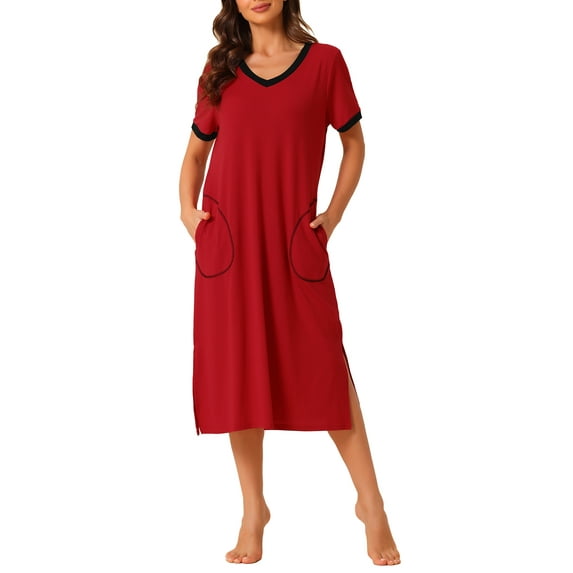 INSPIRE CHIC Women's V Neck Nightshirt Side Slit Nightgown Short Sleeve Long Sleepshirt with Pockets XL Red
