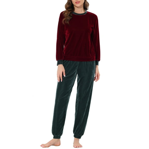 INSPIRE CHIC Women's Velvet Pajamas Set Long Sleeve Top and Pants Soft Warm Sleepwear XS Red