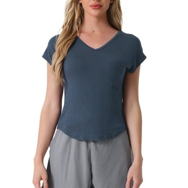cheibear Women's Sleep T-Shirt V-Neck Pajamas Top for Nightwear Loungewear L Deep Blue