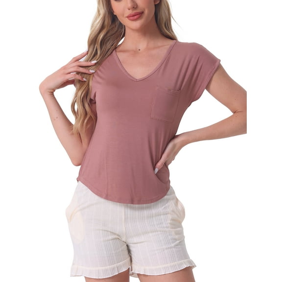INSPIRE CHIC Women's Sleep T-Shirt V-Neck Pajamas Top for Nightwear Loungewear L Pink