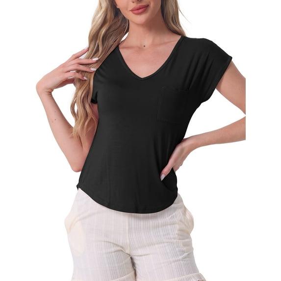 INSPIRE CHIC Women's Sleep T-Shirt V-Neck Pajamas Top for Nightwear Loungewear XS Black