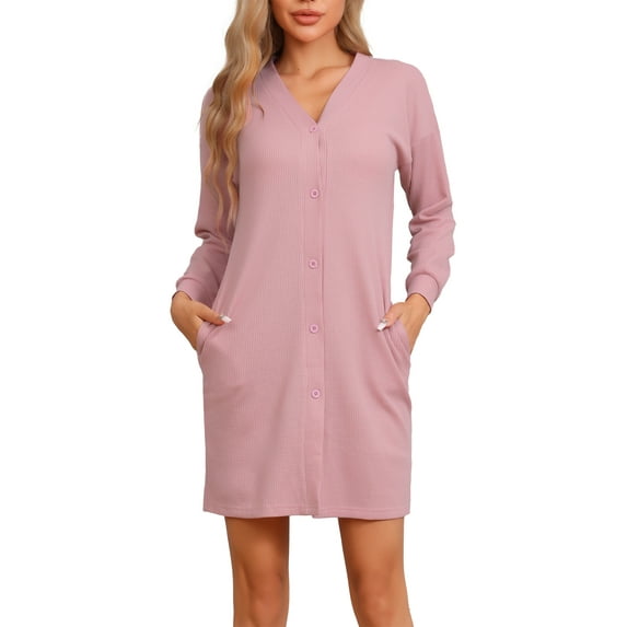 INSPIRE CHIC Women's Waffle Knit Nightshirt Long Sleeve Button Down Sleepshirts Nightgown with Pockets M Pink