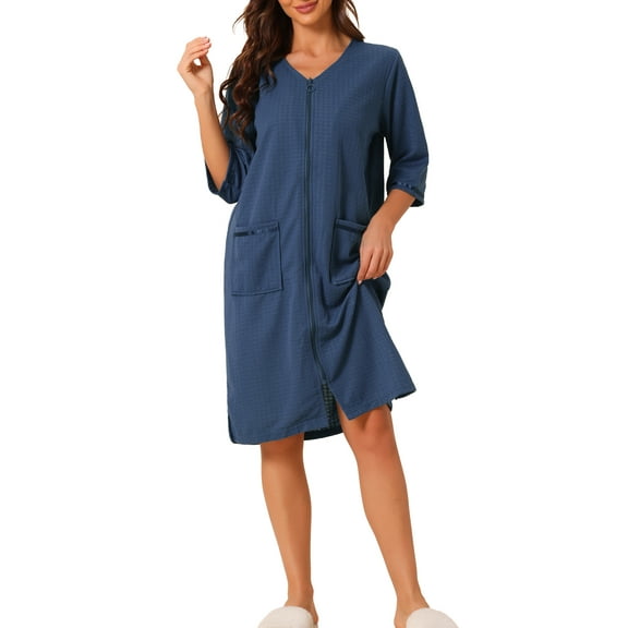INSPIRE CHIC Women's Pajamas 3/4 Sleeves Spa Bathrobe Loungewear Zipper Up Robes L Blue