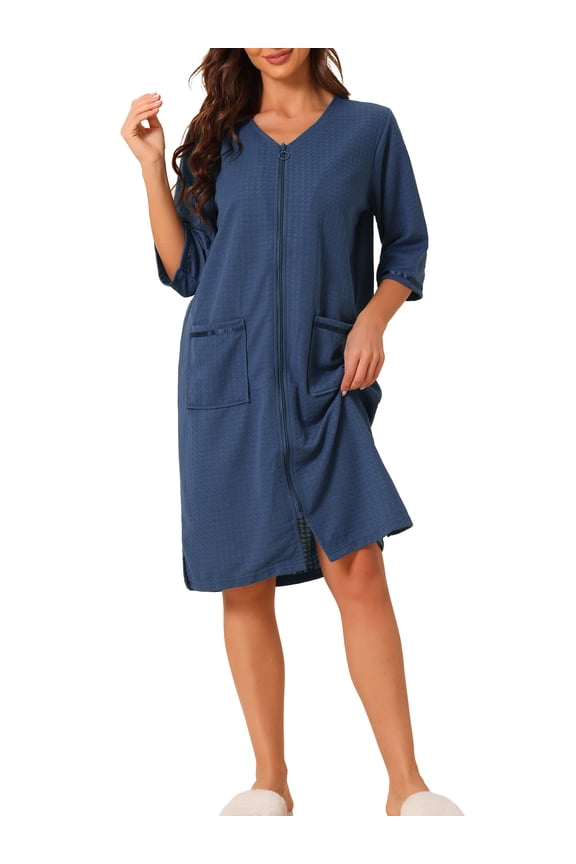 Women's Pajamas 3/4 Sleeves Spa Bathrobe Loungewear Zipper Up Robes L Blue