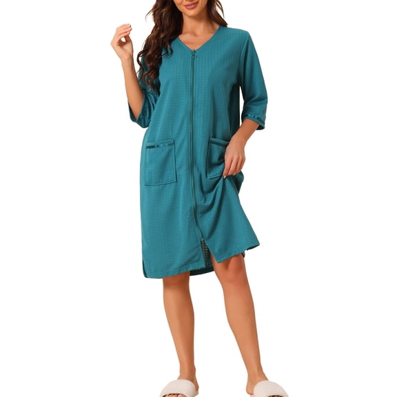 INSPIRE CHIC Women's Pajamas 3/4 Sleeves Spa Bathrobe Loungewear Zipper Up Robes M Peacoke Blue