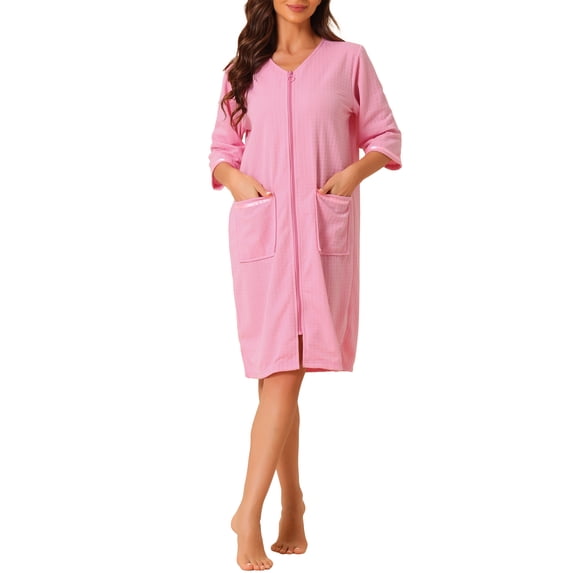 INSPIRE CHIC Women's Pajamas 3/4 Sleeves Spa Bathrobe Loungewear Zipper Up Robes S Pink
