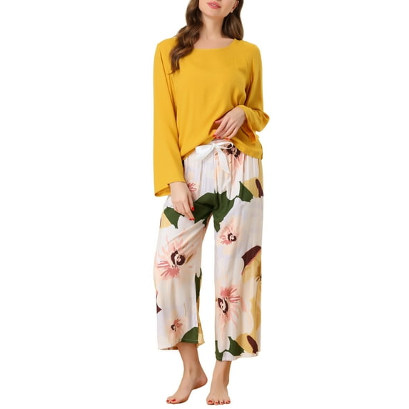 INSPIRE CHIC Women's 2 Pcs Long Sleeve Top with Floral Capri Pants Lounge Set Sleepwear Pajama Sets M Yellow