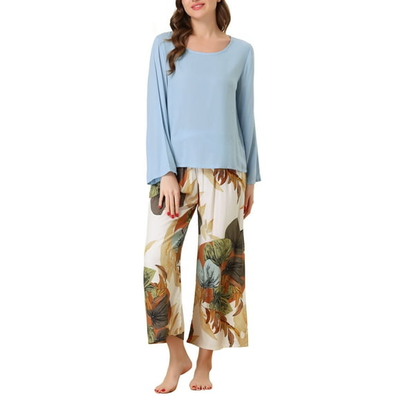 INSPIRE CHIC Women's 2 Pcs Long Sleeve Top with Floral Capri Pants Lounge Set Sleepwear Pajama Sets XS Blue