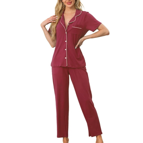INSPIRE CHIC Women's Pajama Set Button Down Soft Short Sleeve Sleepwear Long Pants 2 Piece Lounge Set M Red