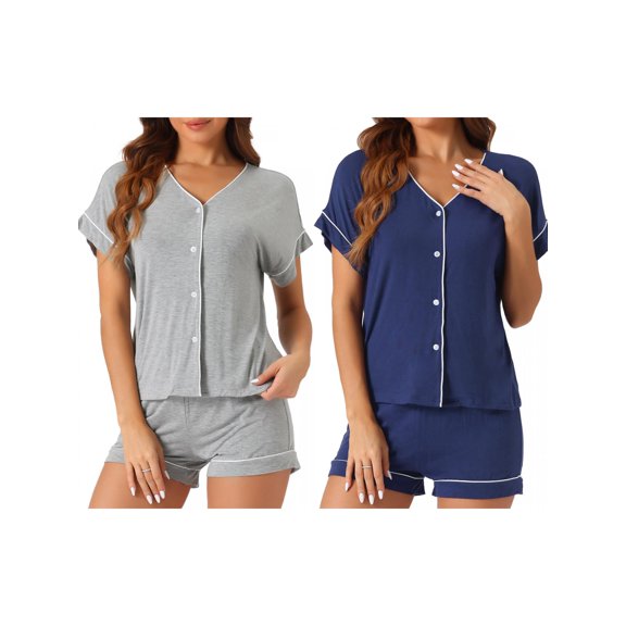NOMADIC NOOK Womens Button Down Pajama Set Soft Short Sleeves Modal Loungewear 2 Pack 3X-Large Light Gray/Navy Blue