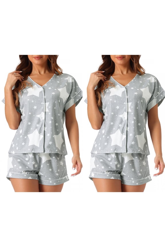 Womens Button Down Pajama Set Soft Short Sleeves Modal Loungewear 2 Pack Large 2 Pack Gray Star