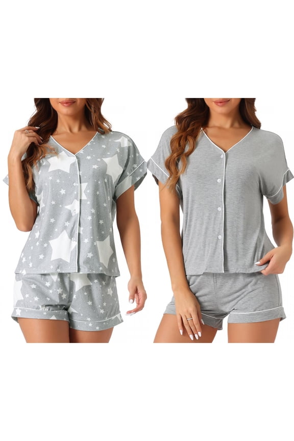 Women's Mother's Day Button Down Pajama Set Soft Short Sleeves Modal Loungewear 2 Pack X-Large Gray Star/Light Gray