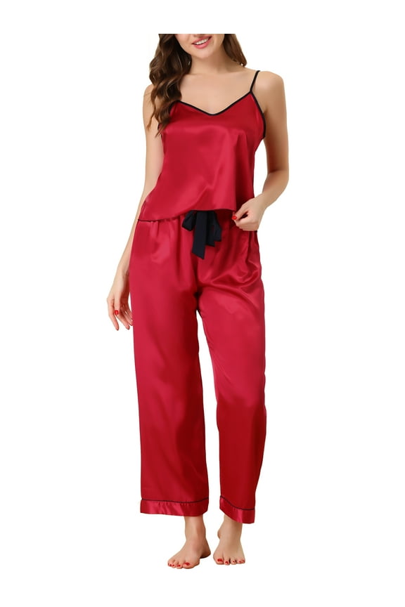 Women's Satin Pajama Sets Cami Top with Palazzo Pants 2 Pcs Silky Sleepwear Nightwear L Red