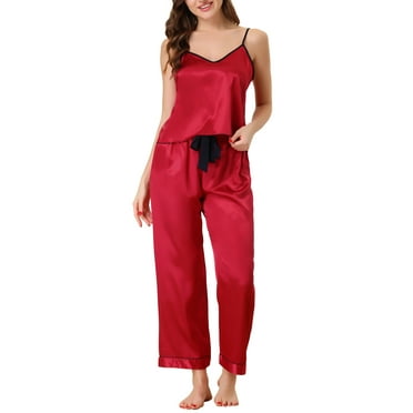 cheibear Women's Satin Pajama Sets Cami Top with Palazzo Pants 2 Pcs Silky Pjs Sleepwear Nightwear M Red