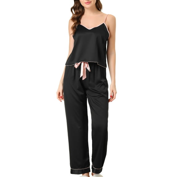 INSPIRE CHIC Women's Satin Pajama Sets Cami Top with Palazzo Pants 2 Pcs Silky Sleepwear Nightwear XS Black