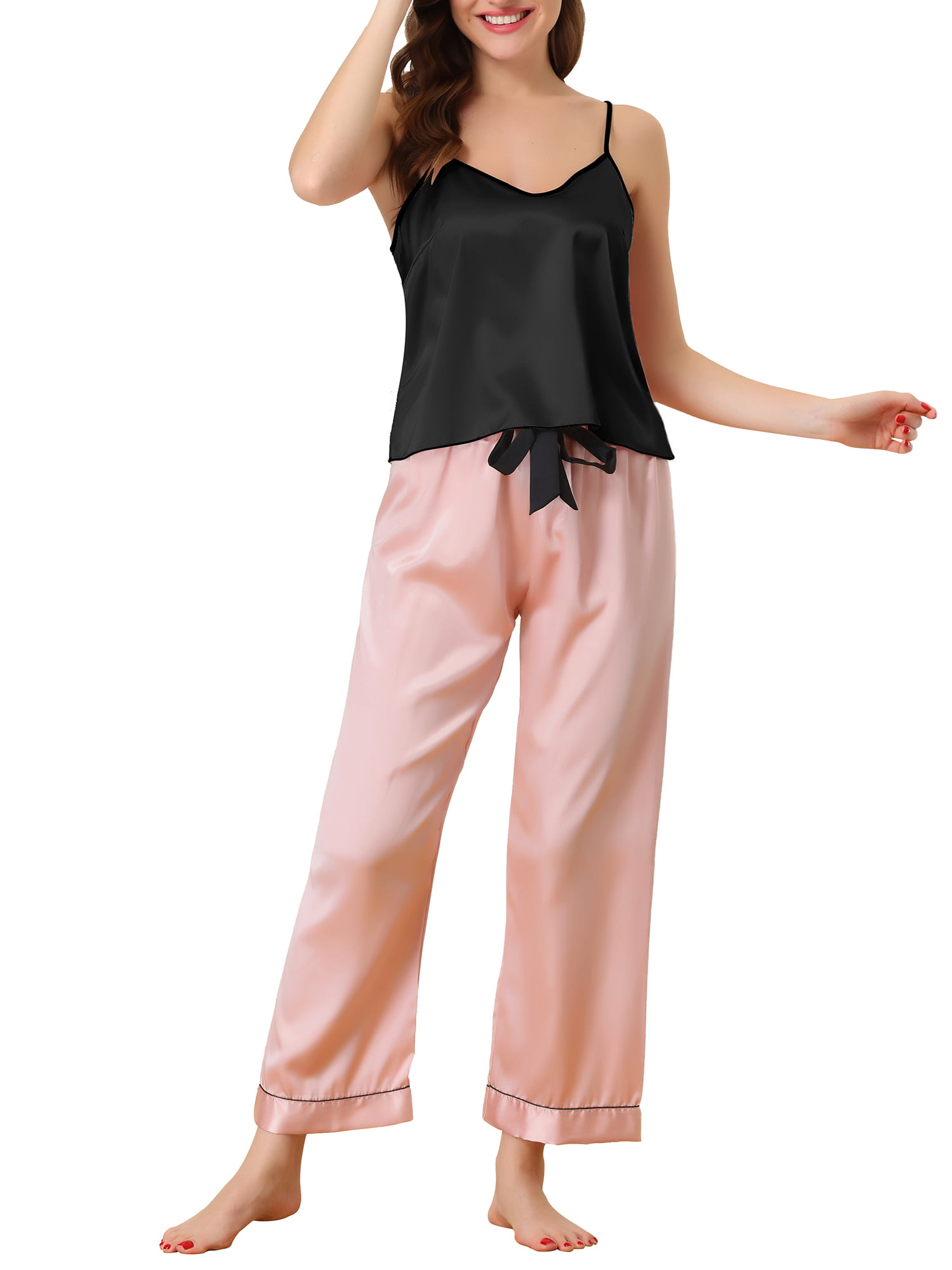 cheibear Womens Cami Pants Sets Sleepwear Nightwear Satin Pajama Party  Silky Summer Pjs Set 