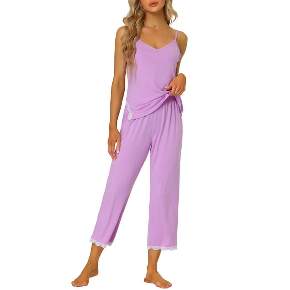 INSPIRE CHIC Women's Cami Top with Lace Trim Capri Pant 2 Pcs Pajama Set Soft Modal Loungwear Sleepwear L Light Purple