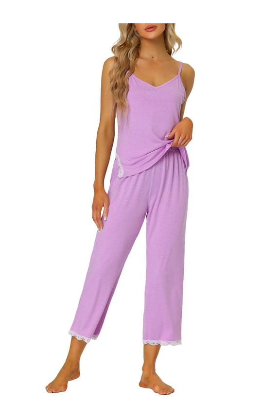 Women's Cami Top with Lace Trim Capri Pant 2 Pcs Pajama Set Soft Modal Loungwear Sleepwear XL Gray