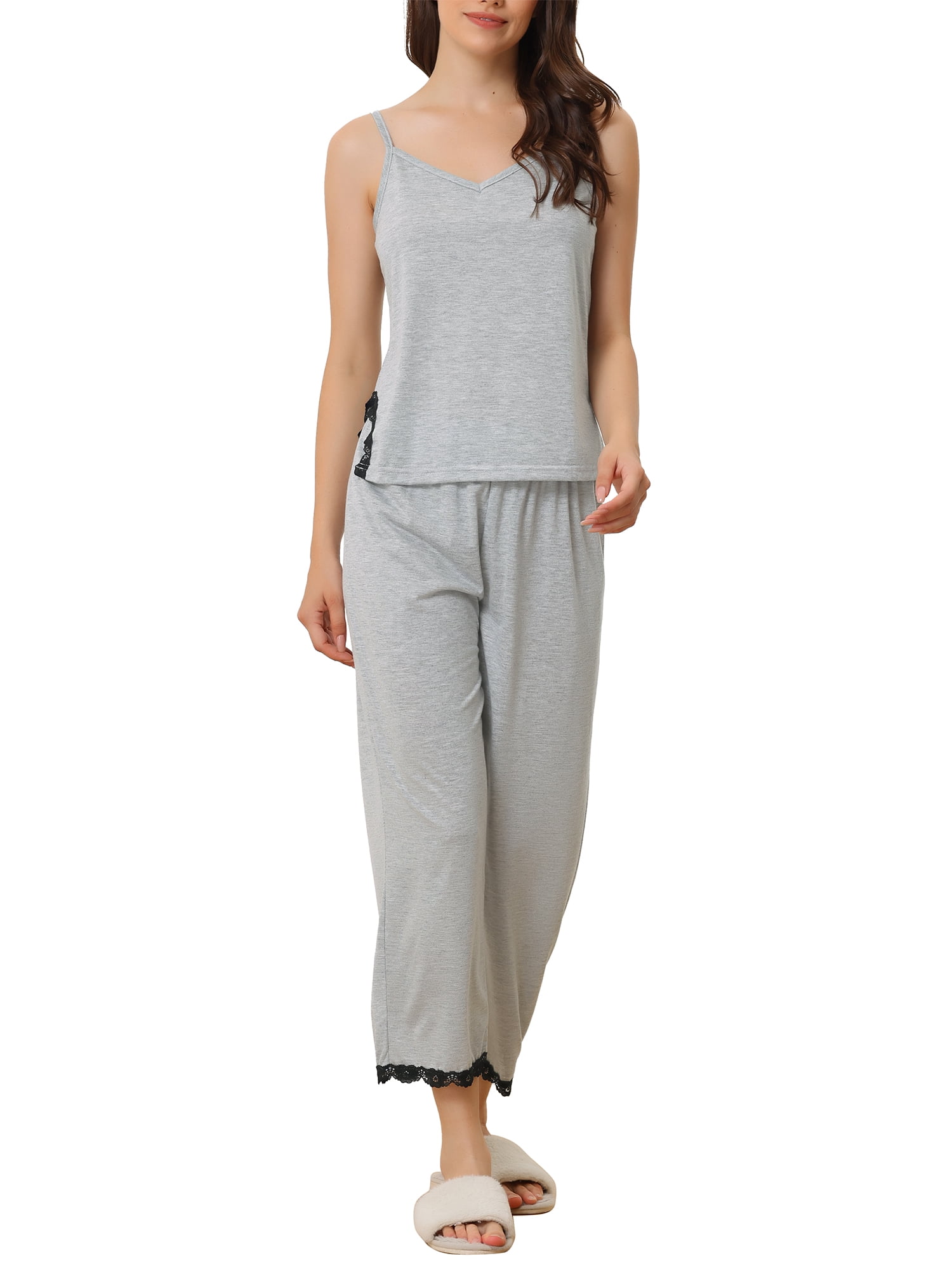 cheibear Womens Cami Top Capri Pajama Set Soft Modal Lace Trim