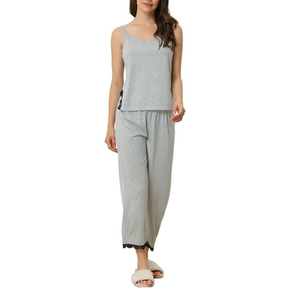 INSPIRE CHIC Women's Cami Top with Lace Trim Capri Pant 2 Pcs Pajama Set Soft Modal Loungwear Sleepwear XS Light Grey