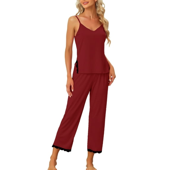 INSPIRE CHIC Women's Cami Top with Lace Trim Capri Pant 2 Pcs Pajama Set Soft Modal Loungwear Sleepwear L Burgundy