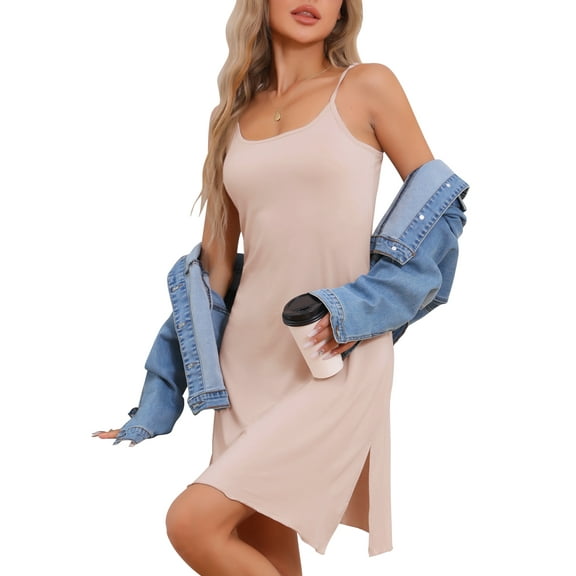 INSPIRE CHIC Women's Camisole Nightgown Mid Length Sleeveless Sleepwear Side Slit Nightshirt M Beige