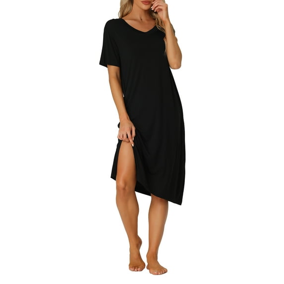 INSPIRE CHIC Women's Casual Short Sleeve T-shirt Dress Nightshirt Nightgown Basic Sleepwear Midi Shirtdress L Black