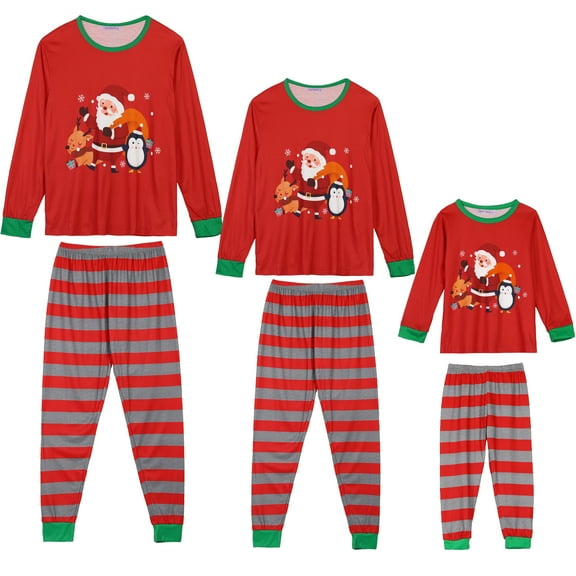 INSPIRE CHIC Christmas Family Matching Pajama Sets Snowman Print Long Sleeve Top and Striped Pant 2 Pcs Set Women M Red